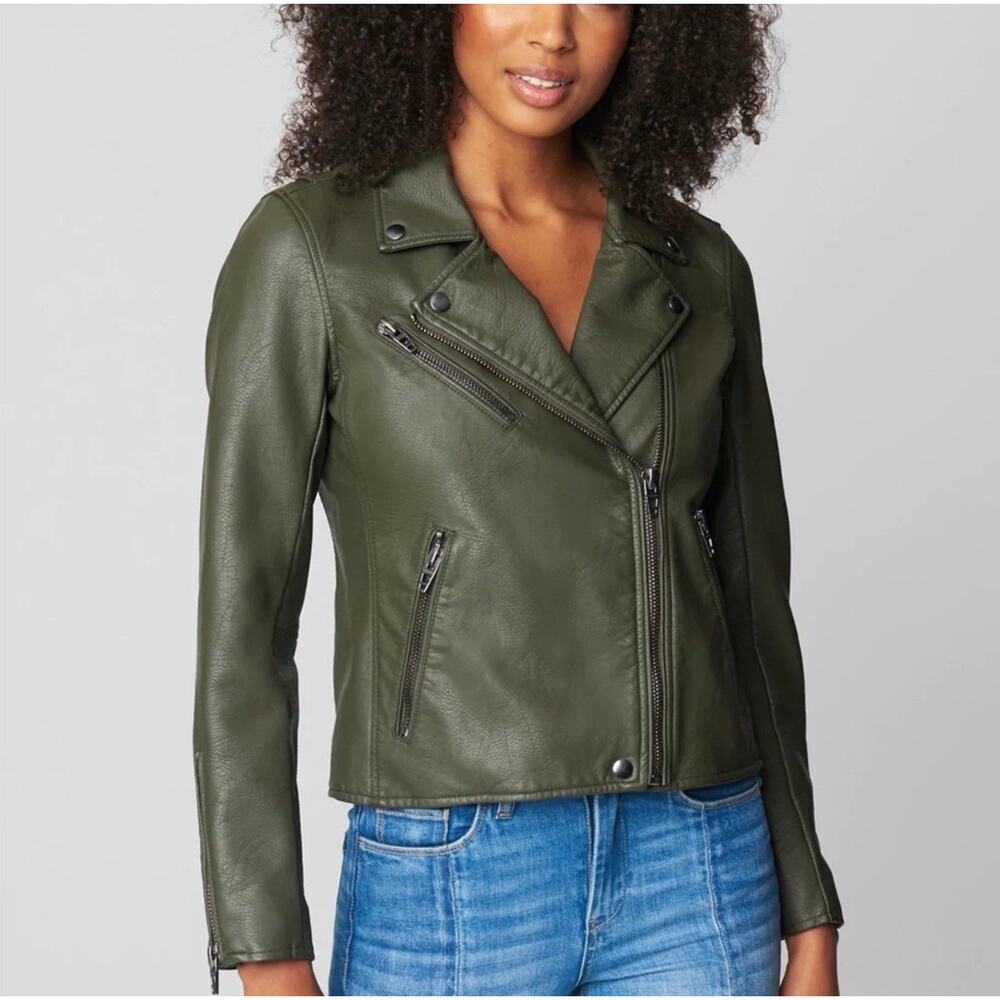 BLANK NYC Women's Olive Green Vegan Leather Motorcycle Moto Biker Jacket Sz M